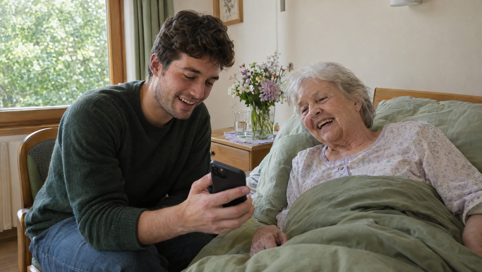 Enkel zeigt seiner lachenden Großmutter am Pflegebett Fotos auf dem Handy, Symbolbild, KI-generiert