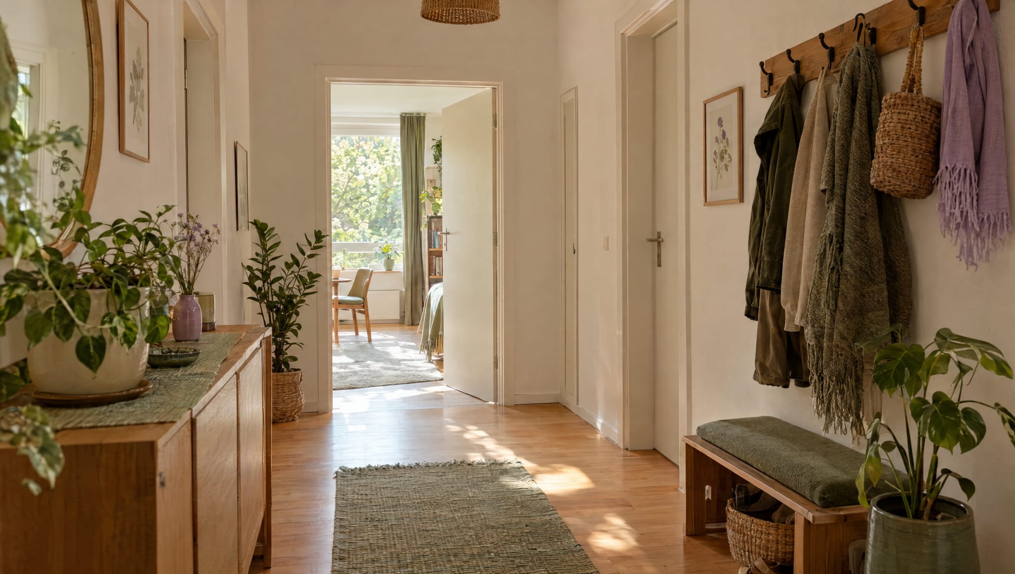 Heller Wohnungsflur mit offener Tür, Pflanzen und Garderobe, Symbolbild, KI-generiert