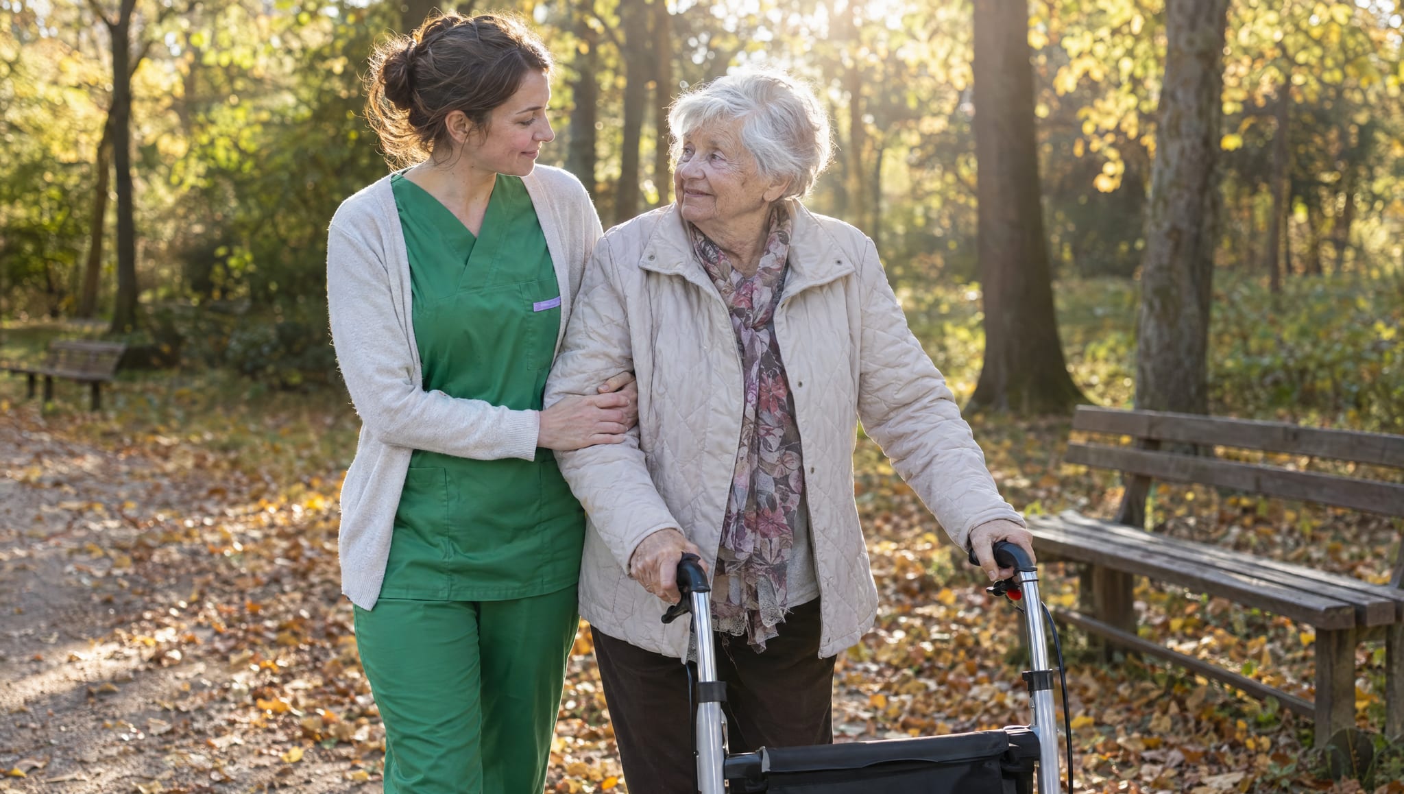 Pflegerin geht mit einer älteren Frau mit Rollator untergehakt durch den Herbstpark, Symbolbild, KI-generiert