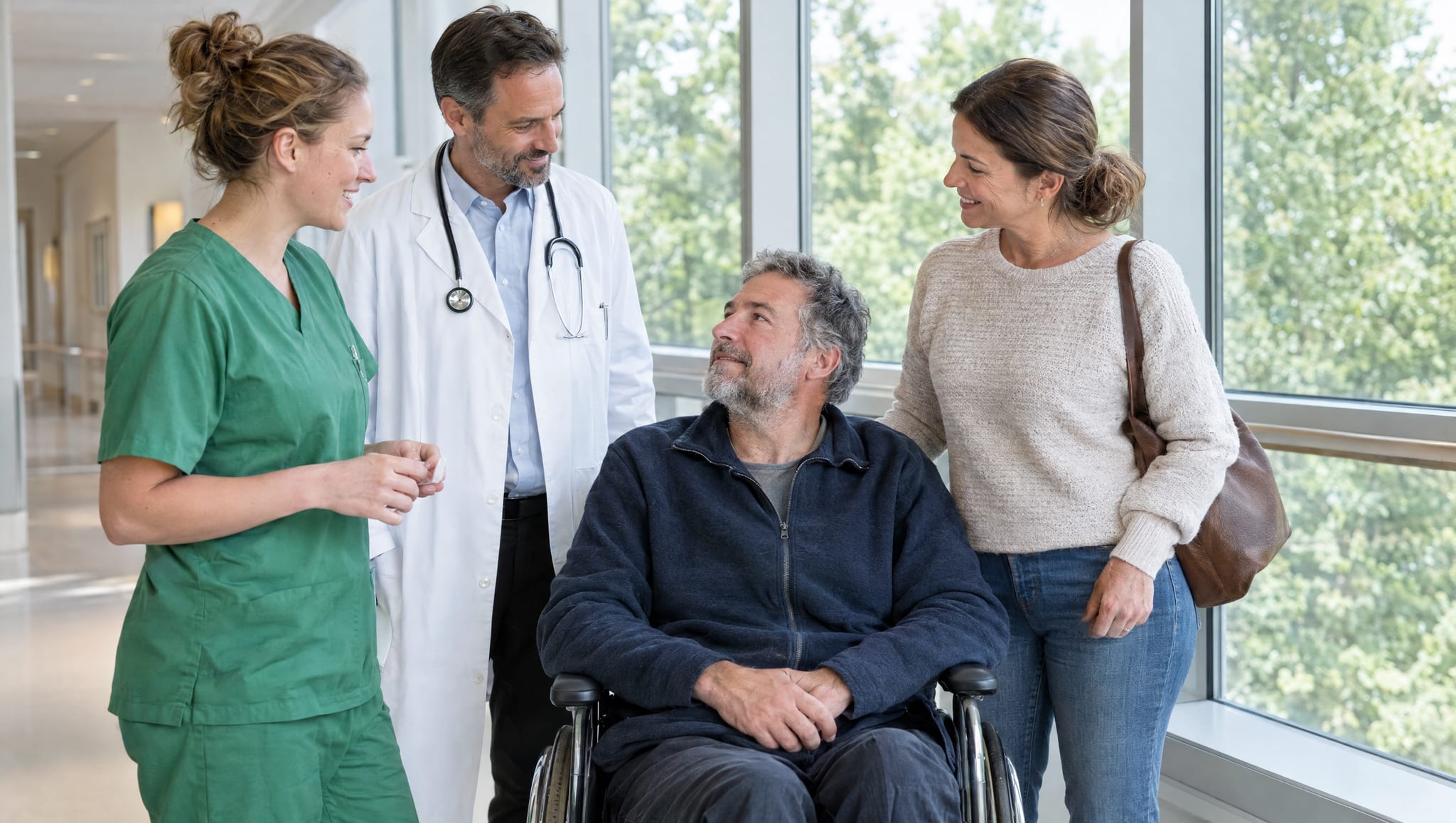 Pflegekraft und Klinikarzt sprechen im Klinikflur mit einem Mann im Rollstuhl und seiner Frau, Symbolbild, KI-generiert