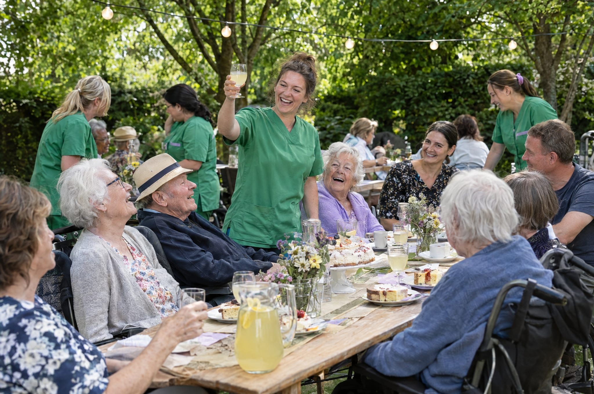 Bewohner, Familien und Pflegekräfte feiern gemeinsam ein Sommerfest im Garten, Symbolbild, KI-generiert