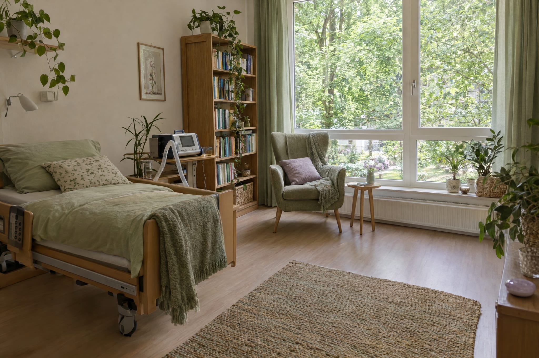 Großes helles Einzelzimmer mit Pflegebett, Sessel am Fenster und Bücherregal, Symbolbild, KI-generiert