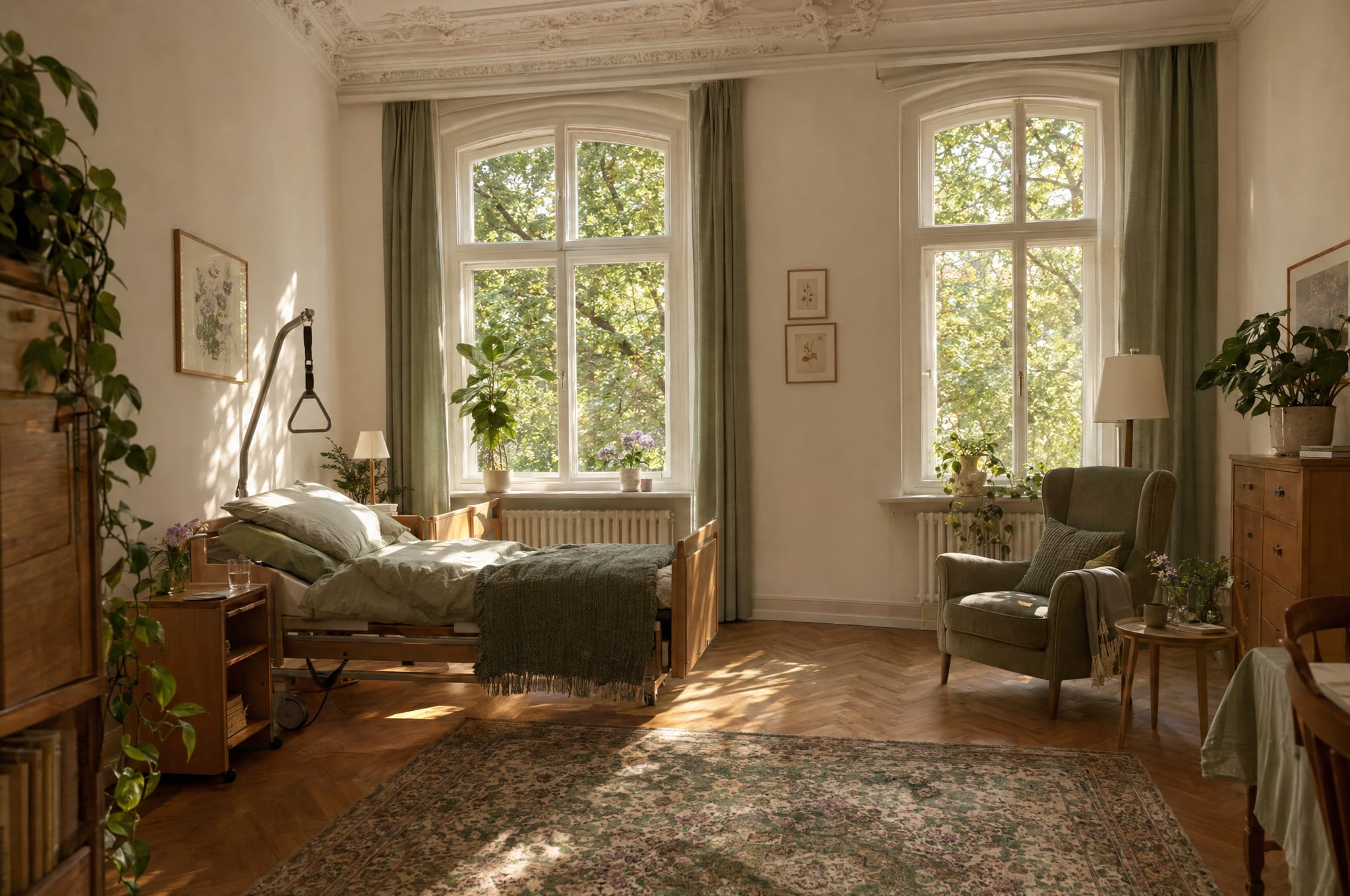 Gemütliches Altbauzimmer mit Pflegebett am Fenster, Teppich und Besuchersessel, Symbolbild, KI-generiert