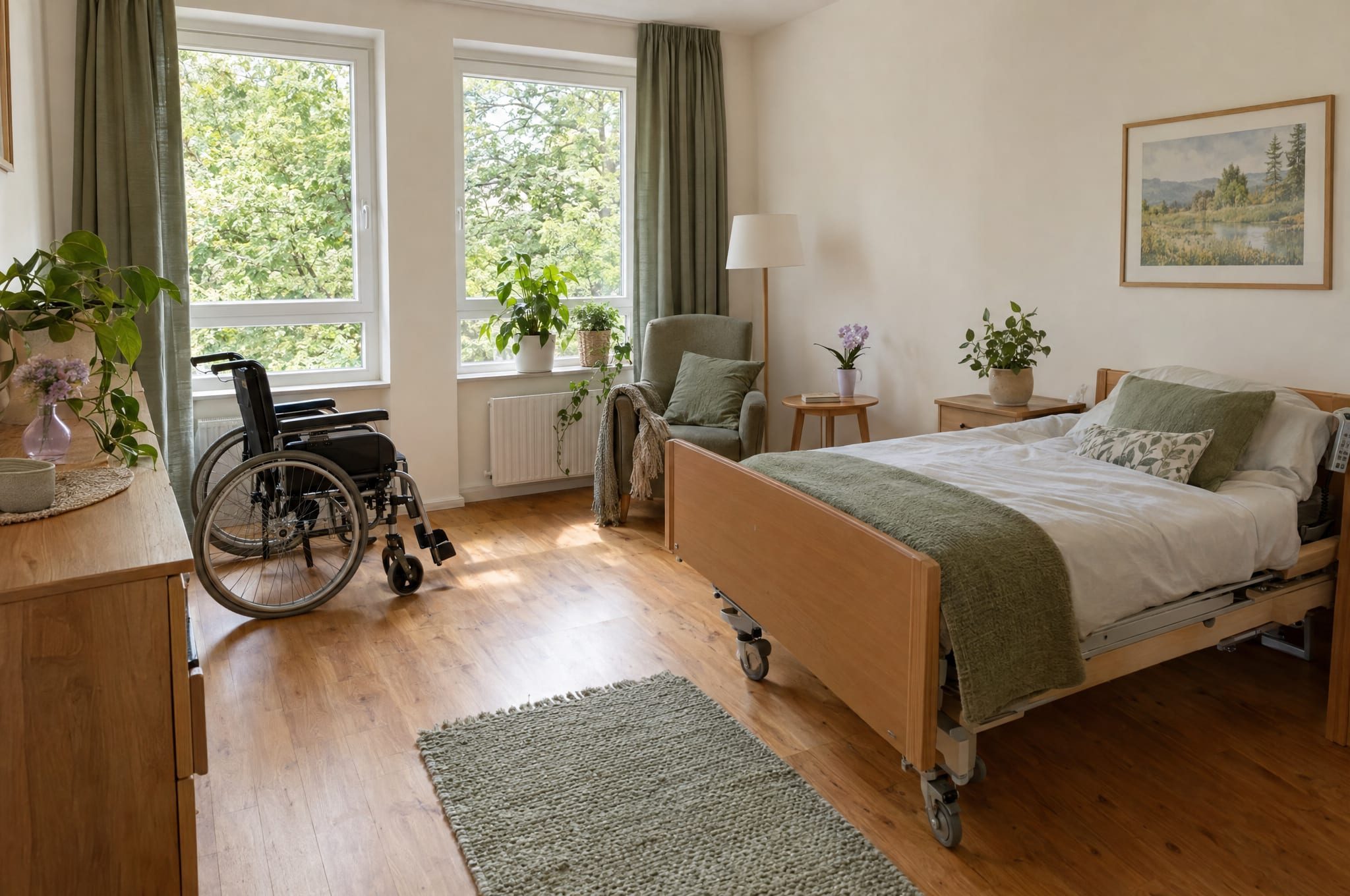 Renoviertes Zimmer im Obergeschoss mit Pflegebett und Rollstuhl am Fenster, Symbolbild, KI-generiert